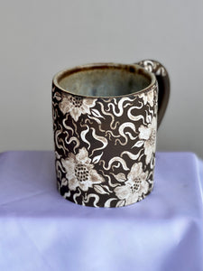 Dark Floral Garden Babe Mug in Antique Blue