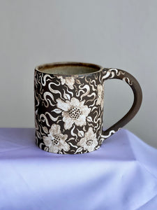 Dark Floral Garden Babe Mug in Antique Blue