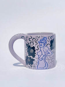 ** NEW ** Lavender Cheeky Blue Figure Mug with Black Flowers