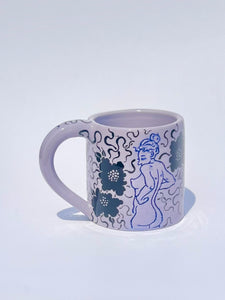 ** NEW ** Lavender Cheeky Blue Figure Mug with Black Flowers